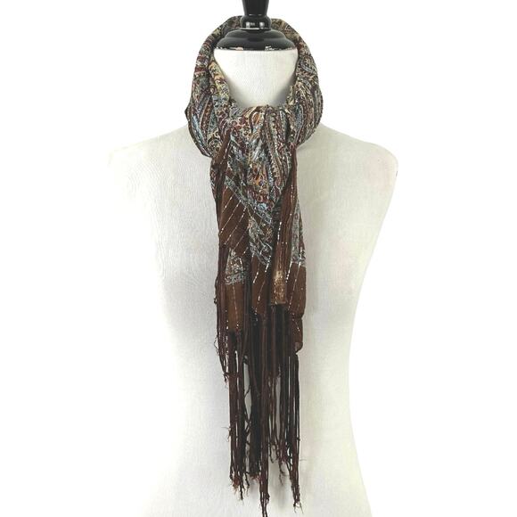 Womens Paisley Earthy Metallic Fringe Scarf Shawl Square Fairy Boho Hippie Brown - Picture 1 of 6